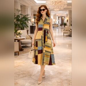 Anthropologie Patchwork Midi Dress Sz 10 Boho Button Front Lined Summer Resort